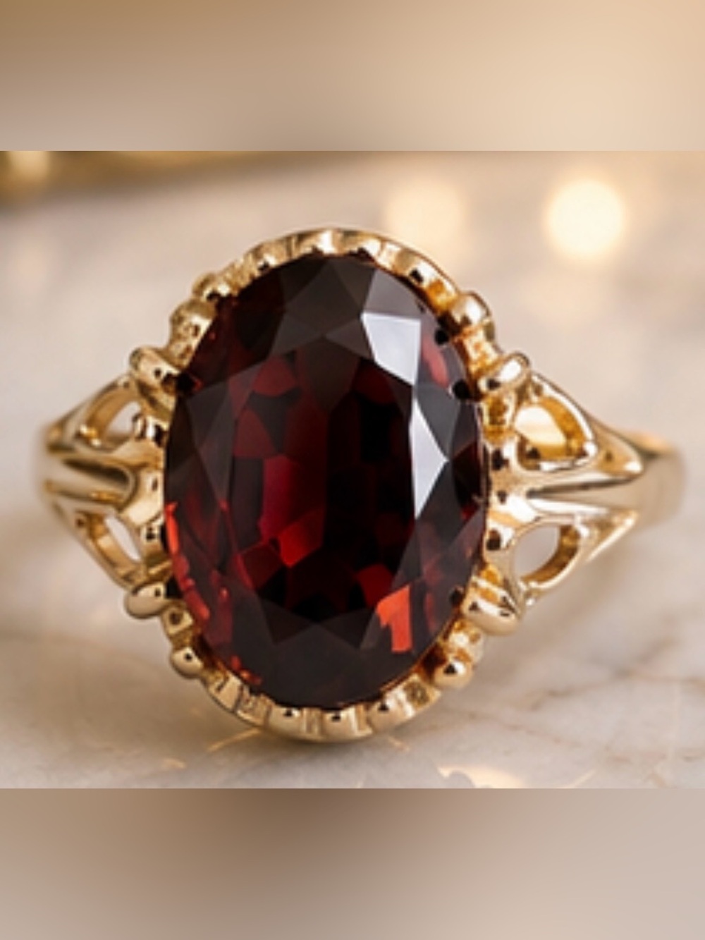 VINTAGE GOLD TONE OVAL DEEP RED GLASS STATEMENT RING SIZE 7